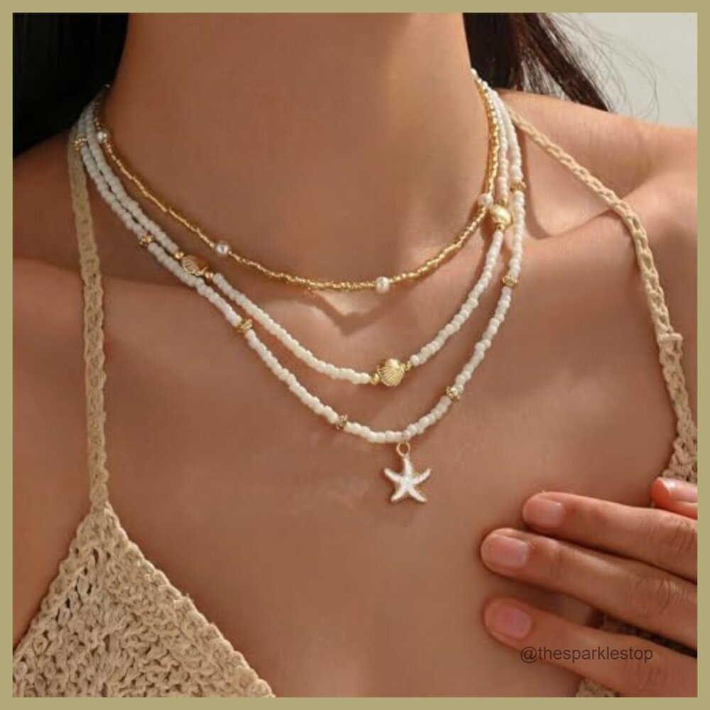 14k Gold Plated Boho Layered Beaded Charm Pendant Necklace - Picture 5 of 7